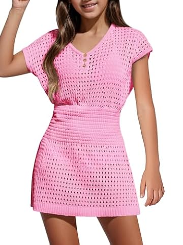 Haloumoning sukienka plażowa dla dziewcząt, narzutka na bikini, letnia sukienka plażowa, ponczo z krótkim rękawem, dziecięca moda, dzianina na kąpiel, Rosa, 160 cm