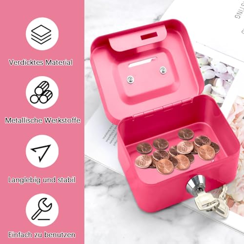 Kleine Geldkassette, Kleiner Safe mit 2 Schlüsseln, Tresor, 11,5 x 8,5 x 5,8 cm, Geldkassette abschließbar mit Schlüssel, Geldtasche, Metallschließfach Sparbüchse mit Tastensperre(Rosa)