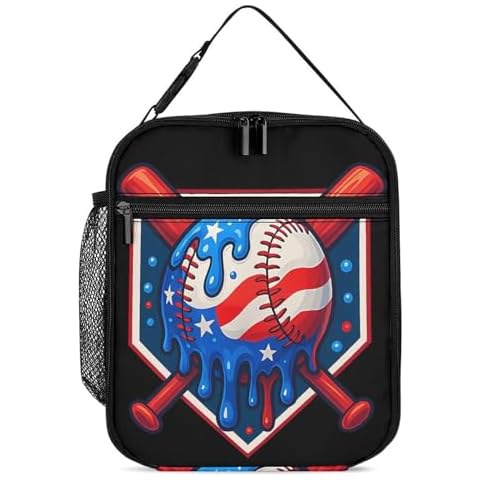 Bulcli Baseball Home Plate Drip American Flag Game Day Lunch Bag Portable Insulated Lunch Box Large Capacity Tote Bag Zipper Net Pocket 10 L X 4 W X 8 H Inches Cover