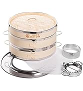 Dumpling Bamboo Steamer 10 Inch 2 Tier Wooden Basket With Handle, Ring Adapter, Reusable Silicone...