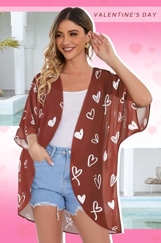 Image of Women's Valentine's Day Puff Sleeve Kimono Cardigan Loose Cover Up Casual Blouse Tops (White Red Heart,M)