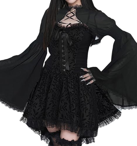 [Qichenk] ゴシック ゴスロリ 地雷系 ワンピース 黒 ハロウィン コスプレ ドレス フィッシュテール ロリータ 魔女 吸血鬼 悪魔 コスチューム 仮装 ハロウィン パーティー イベント CF24221-L（Amazon）