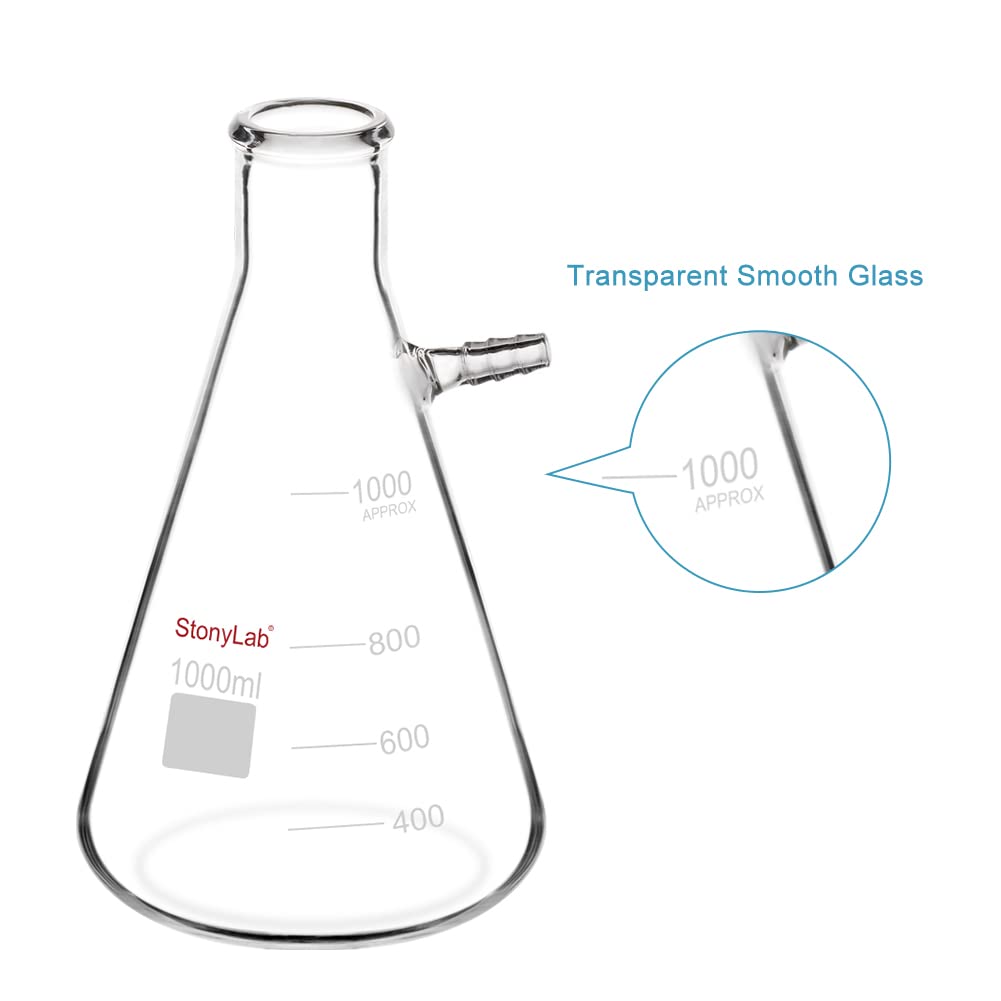 StonyLab 2er-Pack 1000 ml Borosilikatglas-Filterkolben, Glass Filtering Flask, Bolzenhals mit Röhrchen (1000 ml)