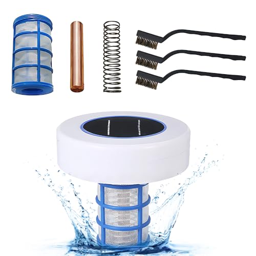Ionizzatore per piscina a energia solare con anodo in rame, 5 V/200 mA, pannello solare ABS, 16 x 16 x 16 cm, include filtro, elettrodo, molla e 3 spazzole per la manutenzione ecologica della piscina
