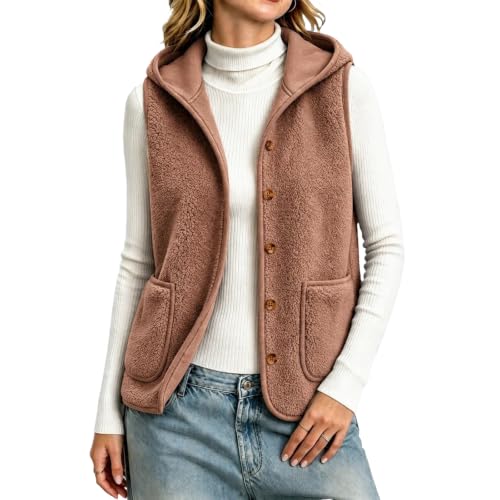 Hooded Vest Women Sherpa Button Up Sleeveless Fuzzy Jackets with Pockets - image 1