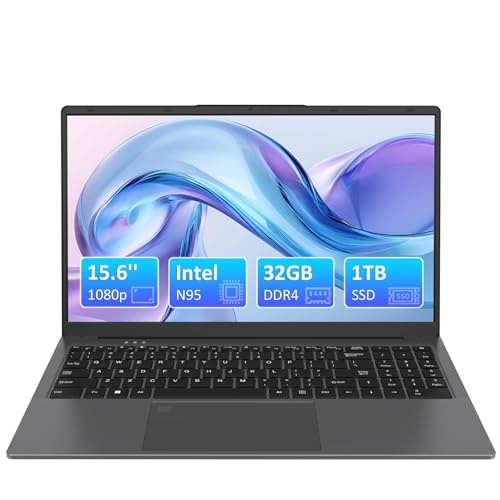 Pryloxen Student Laptop, 1TB M2 PCIe NVMe SSD, 4C4T 1.7-3.4GHz Intel N95 CPU, 15.6" FHD IPS LCD Screen, Privacy Shutter, Backlit Keyboard, Fingerprint Reader, USB-Ax3, USB-C, Win11 Pro (32GB DDR4 RAM)