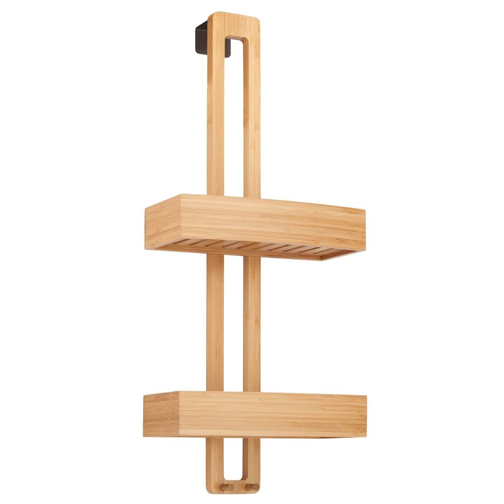 mDesign Mensola da doccia senza foratura, supporto portaoggetti per doccia da appendere, utensile da bagno in legno e metallo, cestelli per accessori da doccia, colore bambù