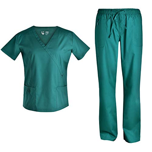 Women Stretch Scrubs Set - Pandamed Stretch Scrubs Mock Wrap Scrubs top Scrubs Pants Multiple Pockets TCS3101 (Hunter, S)
