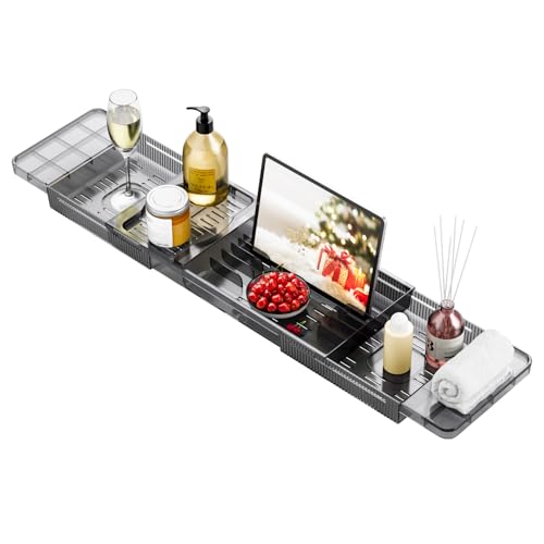Plateau Baignoire Noir, Tablette Baignoire Plastique, Pont de Baignoire Extensible, Planche de Bain Pouvant Contenir Ipad, Coupe à Vin, Téléphone, Une...
