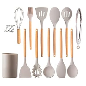 hiino kano Kitchen Tools Set, Cookware, 12-piece Set, Living Alone, Kitchen Utensils, New Housewarming, Mother’s Day Gift, Heat Resistant, Durable, Wooden Handle, Suitable for Japanese, Western, and Chinese Cuisine, Antibacterial, Non-Scratch, Spatula, Ladle, Tongs, Spoon, Etc. Fashionable Northern European Color Scheme (Mocha)