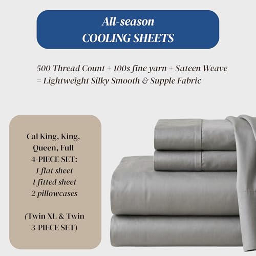 Image of Beckham Hotel Collection 100% Cotton Full Sheet Set, 4-Piece, Gray | 500 Thread Count, Silky Soft Weave, Breathable, Anti-Pilling, 16-Inch Pocket, All-Around Elastic, Gets Softer with Every Wash