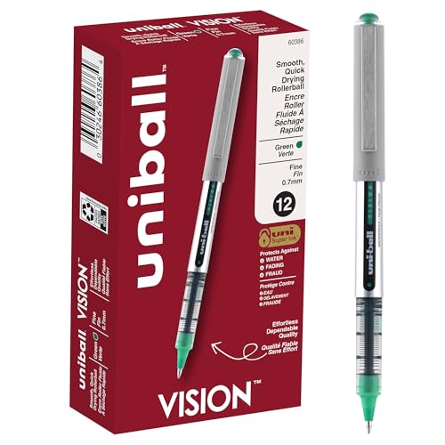 Image of Uniball Vision Rollerball Pens, Green Pens Pack of 12 - 0.7mm Fine Point Medium Ink - Japanese Pens, Smooth Writing Pens, School & Office Supplies