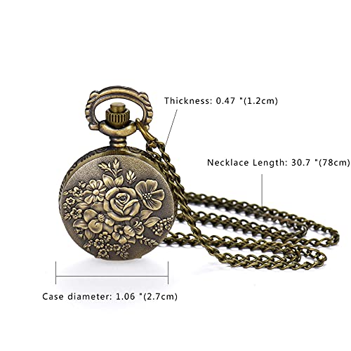 Image of JewelryWe Bronze Flower Pocket Watch: Retro Vintage Pendant Watch with Openwork Cover and 32.3 Inch Chain - for Men Women Daily Wear and Gift Giving