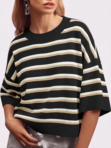 Image of Saodimallsu Womens Short Sleeve Sweater Summer Oversized Cropped Sweaters Casual Crewneck Lightweight Knit Tops