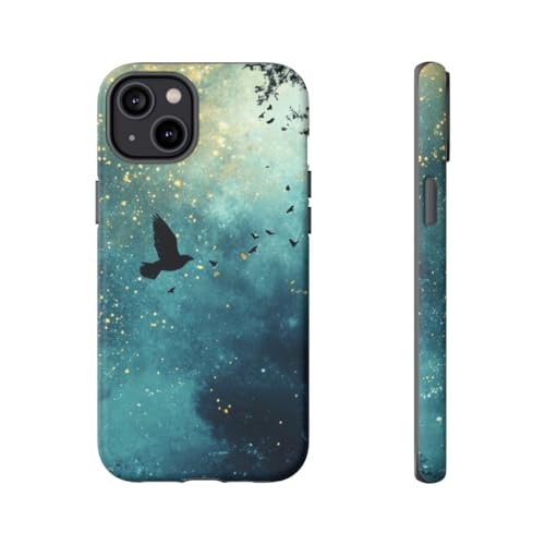 Coque iPhone 14 Plus bleu nuit avec motif ciel étoilé et arbres design mat
