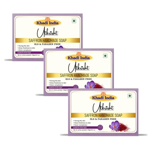 Image of Utkrisht Khadi Saffron Handmade Bathing Soap Bar 125g (Pack of 3) | Natural & Herbal | Glowing & Brightening Skin | For Acne, Pimple, Scars & Pigmentation | All Skin Types | For Men & Women