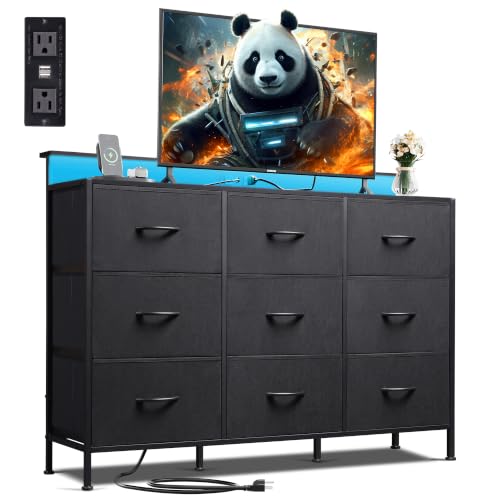 WLIVE Black Dresser TV Stand 9 Drawers, Fabric Chest of Drawers LED Lights