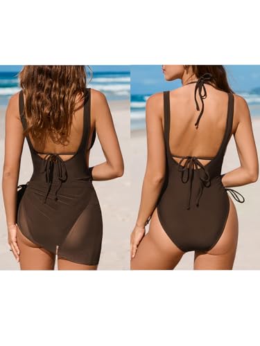 CUPSHE Women's One Piece Swimsuit Halter Neck Self Tied Bikini Top Monokini Bathing Suit Mesh Sarong Cover Up3