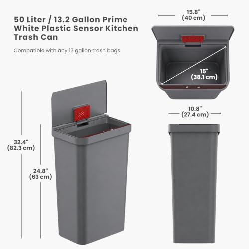 Image of iTouchless Prime 13.2 Gal Sensor Trash Can with Odor Filter | Gray Plastic | Durable Dent-Proof Construction, 50 Liter Slim and Space-Saving Automatic Bin for Kitchen, Home, Office, Business, Garage
