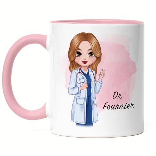 Kiddle-Design Mug Rose Médecin personnalisé | Cadeau d'études de médecine | Avec nom pour féliciter l'examen Médecine Études Merci & Cadeau d'adieu