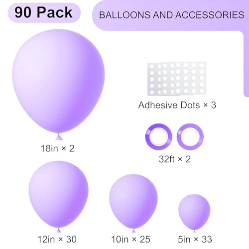 Image of Voircoloria 90pack Pastel Purple Balloons Different Size 18 /12 /10 /5 Inch Pastel Purple Balloon Garland Arch Kit for Graduation, Wedding, Birthday, Baby Shower, Anniversary, New Year Party Decorations