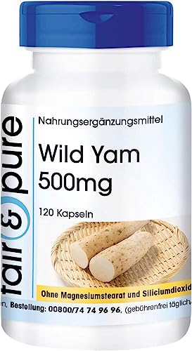 Fair & Pure Wild Yam 500 mg, 120 Kapseln, Wild-Yam-Wurzelextrakt mit Diosgenin, Nahrungsergänzungsmittel vegan ohne Magnesiumstearat, in Deutschland hergestellt