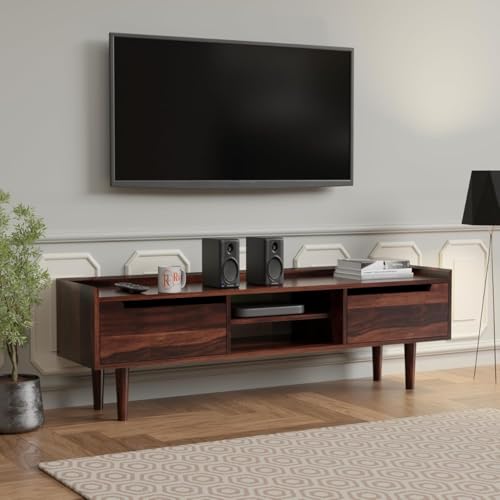 Image of Solid Wood TV Unit for Living Room 55 Inch Furniture - Wooden TV Unit with Storage Cabinet with 2 Door, 2 Shelves Wooden TV Cabinet for Living Room - Fits up to 55-Inch TV (Roman)