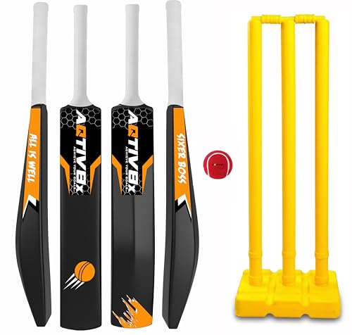 Image of Cricket Set with Golden Plastic Bat for Outdoor Sports Tournament, Gully Matches & Practices, Hard Plastic Cricket Kit for Men, Women, Boys & Girls