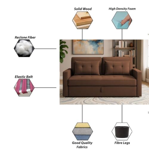 Image of Emilio 2 Seater Pull-Out Sofa Cum Bed | Premium Fabric Convertible Sleeper Sofa Set Space Saving for Living Room Office Home Guests Daily Use | 1 Year Warranty | Brown Colour Fabric Sofa