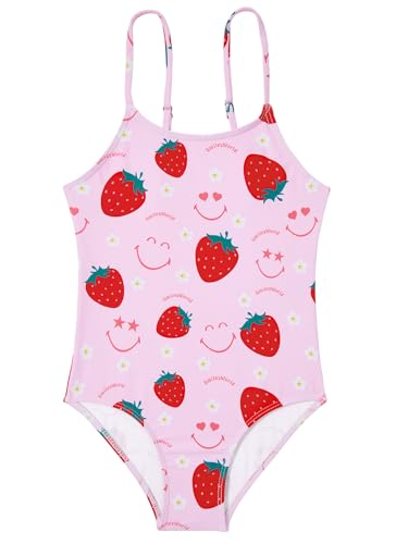 Image of Zando Girls Bathing Suit Size 8-10 - Cute Strawberry Smiley Face Bathing Suit, One Piece Kids Swimsuit with Adjustable Straps, Girls Swimsuit Size 10 for Summer Beach Vacation Swimming Course Wear