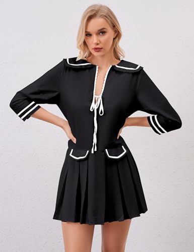Image of Women Cute Ruffle Tunic Mini Dress Summer Pleated Babydoll Shirt Dress Casual Loose V Neck 3 /4 Sleeve Short Sundress Black
