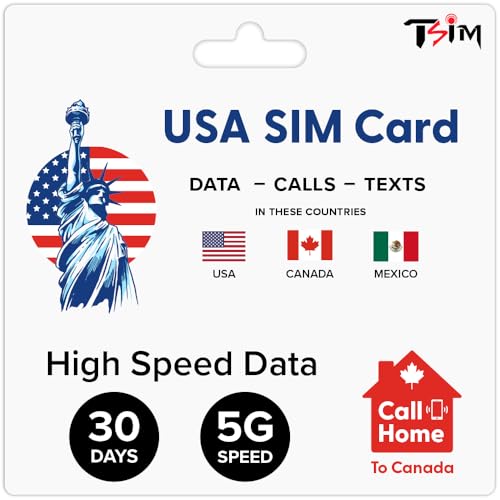 Tarjeta SIM EE. UU. para 30 días | Datos, Llamadas y Mensajes ilimitados en EE. UU., Canadá y México | Prepagada | Compartición de Internet/Hotspot/Tethering | Datos 5G de Alta Velocidad