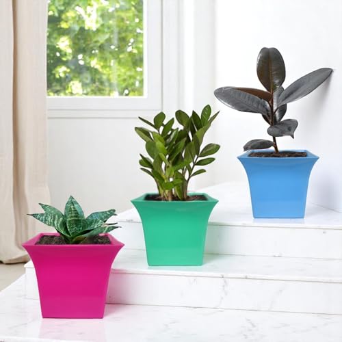 Image of Go Hooked Plastic Planter Pots Set of 7 | Multicolor Flower Pots Perfect for Home, Office & Garden Decor | Uber Square Pot 6.5 Inch for Indoor & Outdoor Plants | Durable, Lightweight & Modern Design