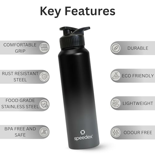 Image of Speedex Stainless Steel Metal Water Bottle 1 Ltr 1000 ml, BIS Approved, Leak Proof Sipper Cap Bottle for Office, School, Gym, Travel, Daily Use for Men, Women, Kids, Adults, Black Grey, Set of 3