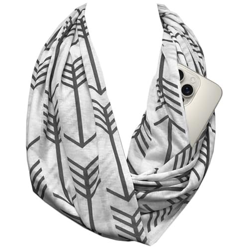 Arrow Pattern Infinity Scarf for Women - Travel Scarf with Hidden Pocket - Women Infinity Scarves for All Seasons (White)