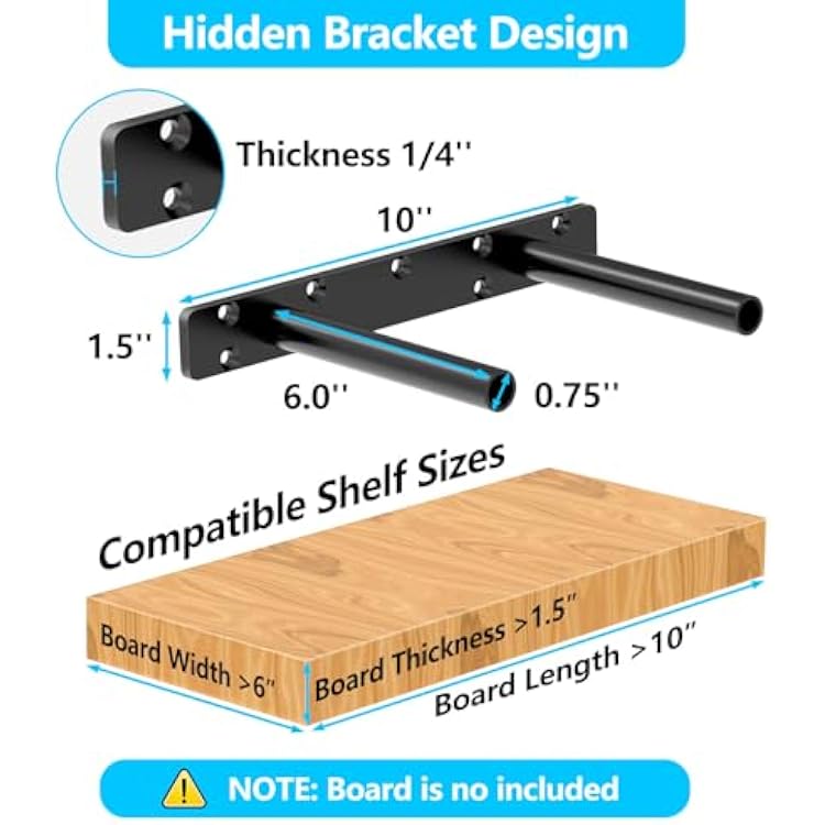 2pcs Floating Shelf Bracket, 10 Heavy Duty Hidden Shelf Brackets Hardware, Solid Steel Support Rods with Tools, Wall Mounting Invisible Floating Shelves Bracket for Kitchen, Living Room