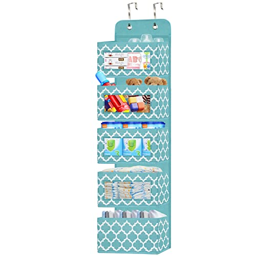 Image of VERONLY Over The Door Organizer Hanging -Wall Mount Storage Holder with 5 Pockets and 2 Metal Hooks,Closet Door Organizer for Baby Kids Toys, Diapers, Nursery,Bedroom,Playroom,Bathroom(Blue)