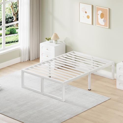 Image of 14 Inch Metal Twin Bed Frames with Stable Steel Support, Noise-Free | Easy Assembly, Underbed Storage, U-Shaped Groove, 6 Mattress Baffles, No Box Spring Needed, Rubber Pads, Squeak Free, White
