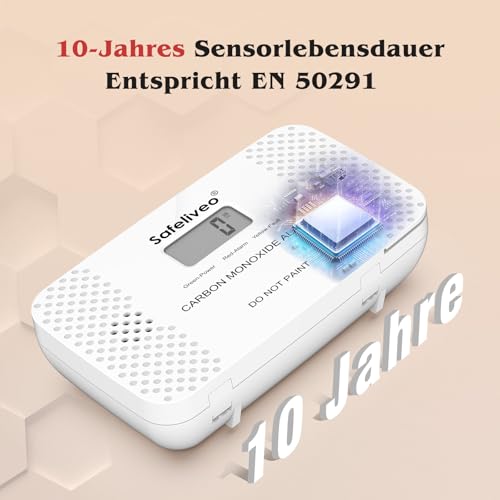 Safeliveo CO Melder mit Austauschbarer Batterie,Kohlenmonoxidmelder mit Spitzenwert Speicher & LCD Display,10 Jahre Sensor,Mit Testknopf,Für Zuhause & Wohnwagen,EN 50291,Standalone(1 Stück)
