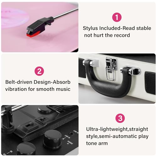 Vinyl Record Player Wireless Turntable Bluetooth 3-Speed Portable Vintage Suitcase with Built-in Speakers, Includes Extra Stylus, RCA Out, AUX in - Image 4