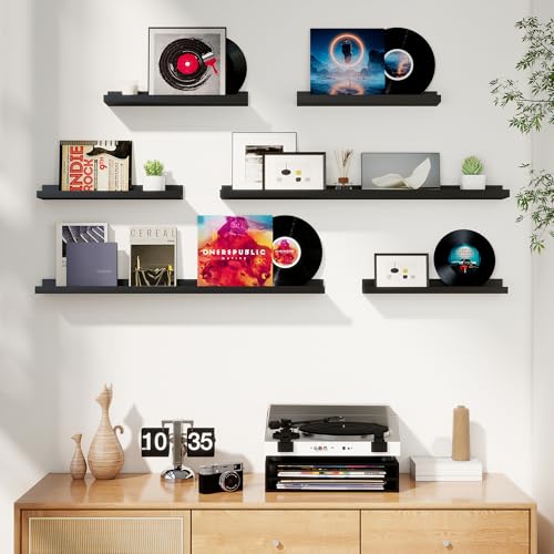 Axeman Picture Ledge Shelf, Floating Shelves for Decor Storage Set of 6, 16 inch Floating Wall Mounted Shelves, Wall Shelves with Lip for Living Room, Bedroom, Nursery, Bathroom, Kitchen, Black