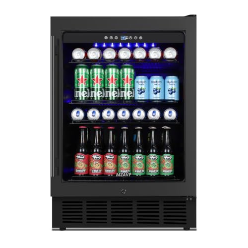 MZAVP 24 Inch Beverage Refrigerator, Built-in 24" Wide Beverage Cooler with Glass Door, 180 Cans Drink Fridge holds Beer, Soda, Under Counter/Freestanding Refrigerator for Home, Bar, Office - Black
