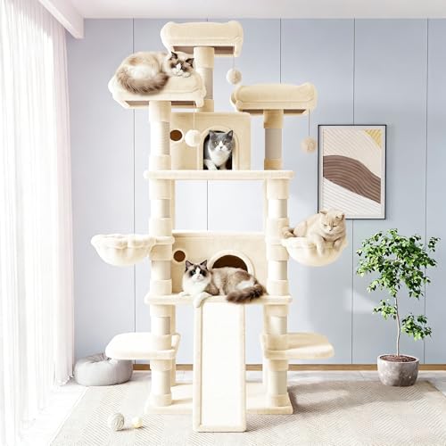 Image of Allewie 82 Inches Large Cat Tree /House /XXL Tall Cat Towers for Big Feline /Scratching Post /Multi-Level Large Kitty Climbing Tree with Condo /Beige