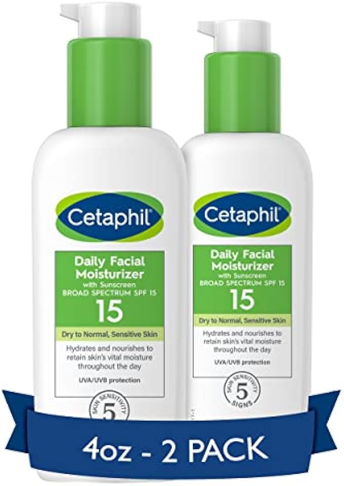 CETAPHIL Daily Facial Moisturizer SPF 15 , 4 Fl Oz , Gentle Facial Moisturizer For Dry to Normal Skin Types , No Added Fragrance, Pack of 2, (Packaging May Vary)