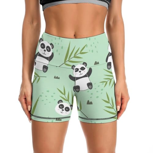 Panda and Bamboo Leaves Pattern High Waist Yoga Shorts for Women Athletic Shorts Leggings Running Pants Black