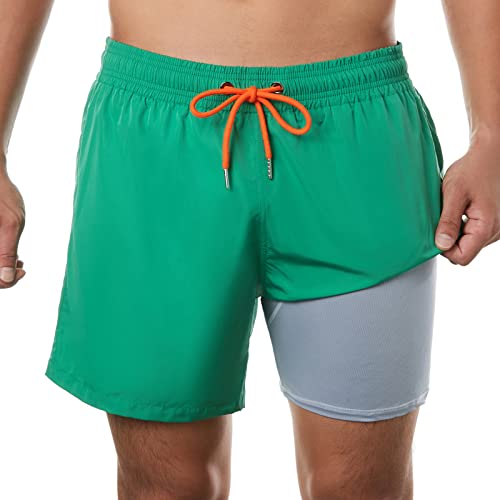 ineepor Swim Shorts Men Swim Trunks Quick Dry 5 inch Inseam Beach Shorts with Compression Liner and Zipper Pocket, Green&grey