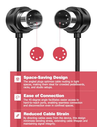 midi cable 5-pack 2ft 5-pin din 45-degree mirrored angled plug ultra-thin plugs for compact spaces compatible with keyboards synthesizers controllers via standard 5-pin din midi inoutthru ports
