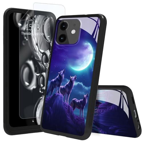 ACWDMKH for iPhone 12 Case with Screen Protector Tempered Glass Back & Shockproof TPU Bumper Scratch-Resistant Heavy Duty Rugged Cute Slim Thin Cover for Women,Cute Wolf Moon