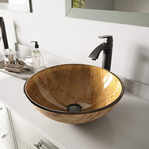Vigo Vgt391 16.5" L -16.5" W -12.38" H Handmade Countertop Glass Round Vessel Bathroom Sink Set In Wooden Finish With Antique Rubbed Bronze Single-Handle Single Hole Faucet And Pop Up Drain #TOP21