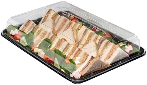 Deli Supplies Pack of 25 Large Rectangle Food, Cake, Sandwich Platter Tray Set, Black Tray Base with Clear Lid Durable Buffet Catering Food Sandwich Trays (L450mm x W310mm x 75mm with Lids)